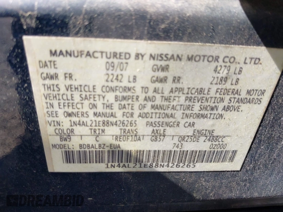 2008 Nissan Altima SL with VIN 1N4AL21E88N426265, listed as a IAAI auction lot 42128068 with Not Provided miles and . Bid and sale history available at DreamBid. Image 9.