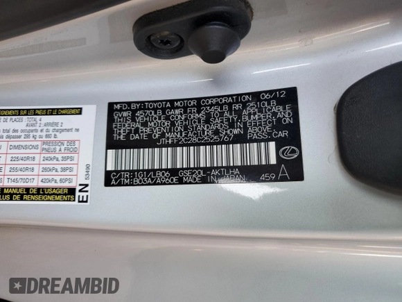 2012 Lexus IS 250 C z VIN JTHFF2C28C2525767, wystawiony jako Copart lot #61878825 z przebiegiem 65 218 mil mil oraz Szkoda całkowita • Salvage title. Historia ofert i sprzedaży dostępna na DreamBid. Obrazek 12.