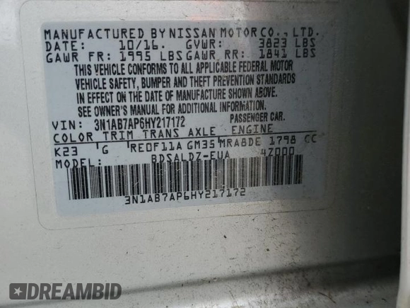 2017 Nissan Sentra SV with VIN 3N1AB7AP6HY217172, listed as a Copart auction lot 53445285 with Not Provided miles and Salvage Title. Bid and sale history available at DreamBid. Image 12.