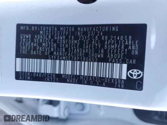 2024 Toyota Corolla SE with VIN 5YFS4MCE7RP190653, listed as a Copart auction lot 47262275 with 9,797 mi miles and Salvage Title. Bid and sale history available at DreamBid. Image 13.
