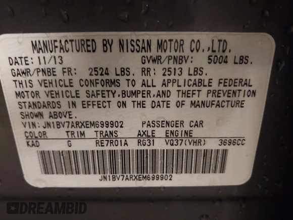 2014 Infiniti Q50 Premium with VIN JN1BV7ARXEM699902, listed as a IAAI auction lot 42135410 with 103,929 mi miles and . Bid and sale history available at DreamBid. Image 9.
