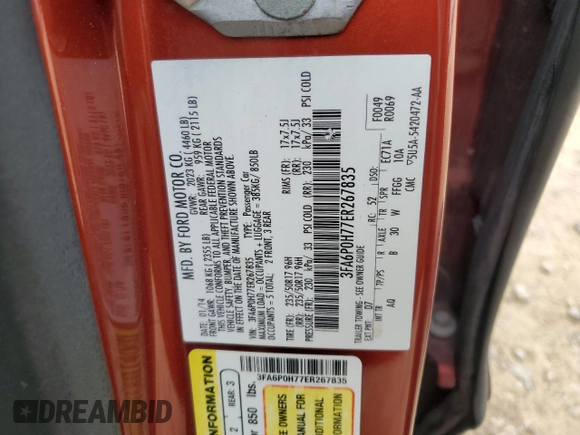 2014 Ford Fusion SE with VIN 3FA6P0H77ER267835, listed as a Copart auction lot 86715424 with 0 mi miles and Salvage Title. Bid and sale history available at carsss.com. Image 12.