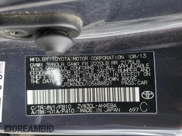 2013 Toyota Prius One z VIN JTDKN3DU1D5688821, wystawiony jako Copart lot #53647715 z przebiegiem 200 559 mil mil oraz Szkoda całkowita • Salvage title. Historia ofert i sprzedaży dostępna na DreamBid. Obrazek 12.