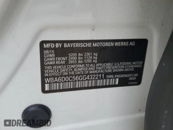 2016 BMW 6 Series 640i with VIN WBA6D0C56GG432211, listed as a Copart auction lot 60895154 with 81,737 mi miles and Salvage Title. Bid and sale history available at carsss.com. Image 14.