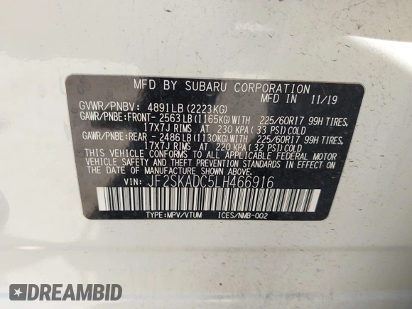 2020 Subaru Forester with VIN JF2SKADC5LH466916, listed as a IAAI auction lot 42303734 with 82,837 mi miles and . Bid and sale history available at DreamBid. Image 9.