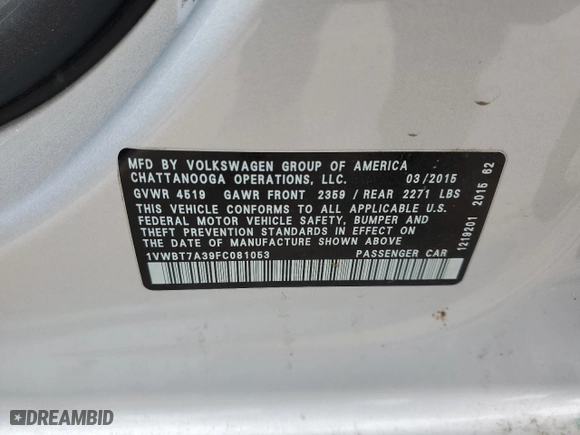 2015 Volkswagen Passat 1.8T Sport with VIN 1VWBT7A39FC081053, listed as a Copart auction lot 83367634 with 131,805 mi miles and Salvage Title. Bid and sale history available at carsss.com. Image 12.