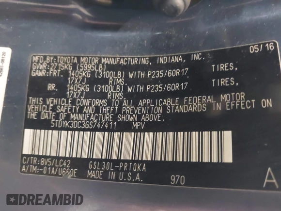 2016 Toyota Sienna XLE with VIN 5TDYK3DC3GS747411, listed as a IAAI auction lot 42289072 with 184,546 mi miles and . Bid and sale history available at DreamBid. Image 9.