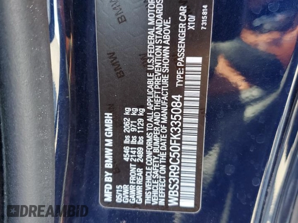 2015 BMW M4 with VIN WBS3R9C50FK335084, listed as a Copart auction lot 61962965 with 142,157 mi miles and Salvage title. Bid and sale history available at DreamBid. Image 12.