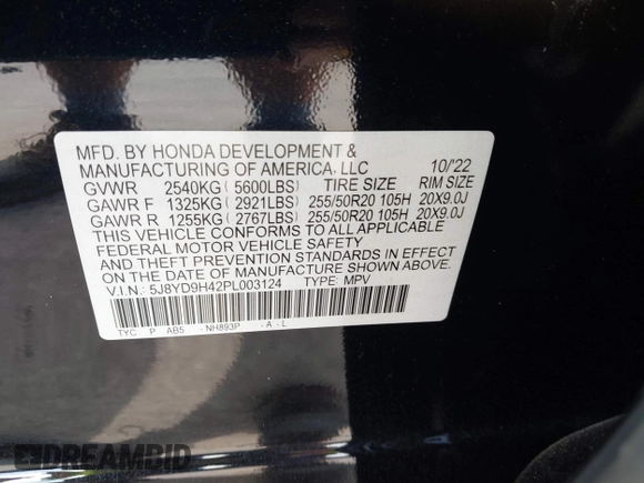 2023 Acura MDX w/Technology Package with VIN 5J8YD9H42PL003124, listed as a IAAI auction lot 41832413 with 24,541 mi miles. Bid and sale history available at carsss.com. Image 9.