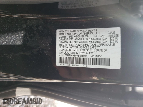 2023 Honda Odyssey EX-L with VIN 5FNRL6H69PB048988, listed as a Copart auction lot 50163455 with 35,475 mi miles and Salvage Title. Bid and sale history available at carsss.com. Image 13.