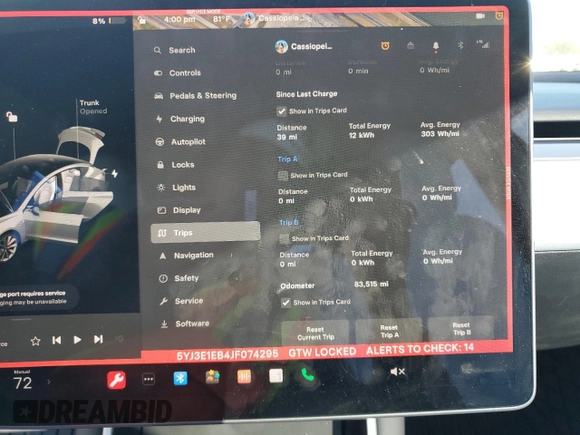 2018 Tesla Model 3 Long Range Battery with VIN 5YJ3E1EB4JF074295, listed as a Copart auction lot 74775384 with 83,515 mi miles and Salvage Title. Bid and sale history available at DreamBid. Image 9.