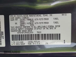 2021 Toyota Tundra Limited with VIN 5TFHY5F19MX012914, listed as a IAAI auction lot 41916076 with 109,165 mi miles and . Bid and sale history available at DreamBid. Image 9.