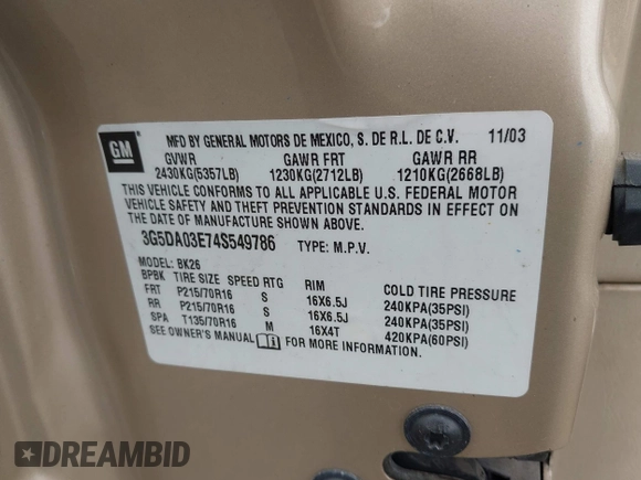 2004 Buick Rendezvous with VIN 3G5DA03E74S549786, listed as a IAAI auction lot 42114654 with 164,028 mi miles and . Bid and sale history available at DreamBid. Image 9.