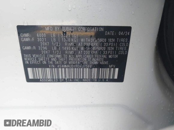 2024 Subaru Ascent Limited with VIN 4S4WMAUD6R3437560, listed as a IAAI auction lot 41853574 with 19,423 mi miles and . Bid and sale history available at DreamBid. Image 9.