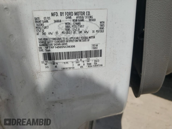 2005 Ford F-150 XL with VIN 1FTRF14565NC06306, listed as a Copart auction lot 57240975 with Not provided miles and Non repairable. Bid and sale history available at DreamBid. Image 12.