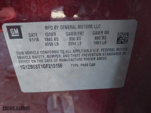 2016 Chevrolet Malibu LS with VIN 1G1ZB5ST1GF213156, listed as a IAAI auction lot 41314115 with 75,332 mi miles. Bid and sale history available at carsss.com. Image 9.