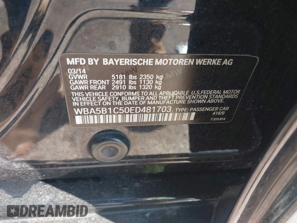 2014 BMW 5 Series 535i with VIN WBA5B1C50ED481703, listed as a IAAI auction lot 41856996 with 105,057 mi miles and . Bid and sale history available at DreamBid. Image 9.
