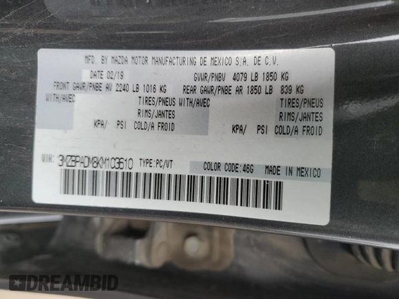 2019 Mazda 3 Preferred with VIN 3MZBPADM8KM103610, listed as a Copart auction lot 79727854 with 95,853 mi miles and Salvage Title. Bid and sale history available at DreamBid. Image 13.