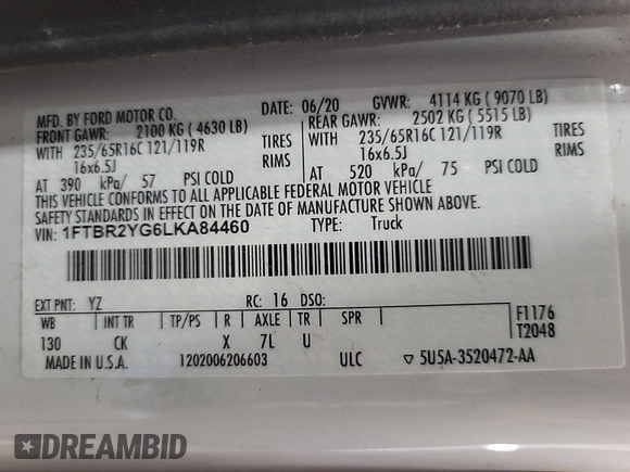 2020 Ford Transit Cargo with VIN 1FTBR2YG6LKA84460, listed as a IAAI auction lot 42839917 with 129,041 mi miles and . Bid and sale history available at DreamBid. Image 4.