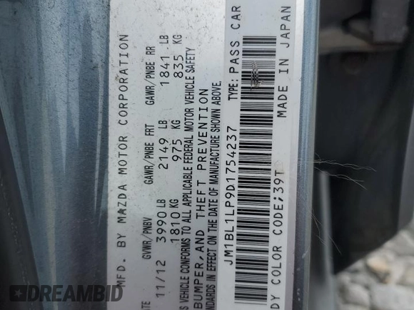 2013 Mazda 3 i Touring with VIN JM1BL1LP9D1754237, listed as a Copart auction lot 58204075 with 190,946 mi miles and Salvage title. Bid and sale history available at DreamBid. Image 12.