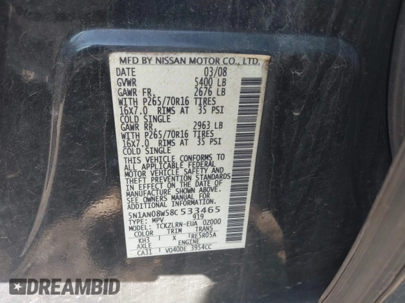 2008 Nissan Xterra S with VIN 5N1AN08W58C533465, listed as a IAAI auction lot 41902030 with 245,929 mi miles and . Bid and sale history available at DreamBid. Image 9.