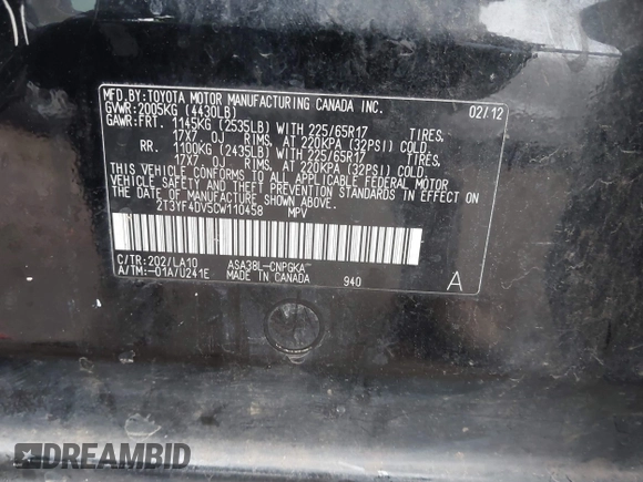 2012 Toyota RAV4 Limited with VIN 2T3YF4DV5CW110458, listed as a IAAI auction lot 41110253 with 167,640 mi miles. Bid and sale history available at carsss.com. Image 9.