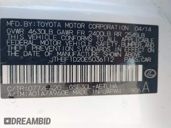 2014 Lexus IS 250 with VIN JTHBF1D20E5036112, listed as a IAAI auction lot 42619779 with 161,572 mi miles and . Bid and sale history available at DreamBid. Image 9.