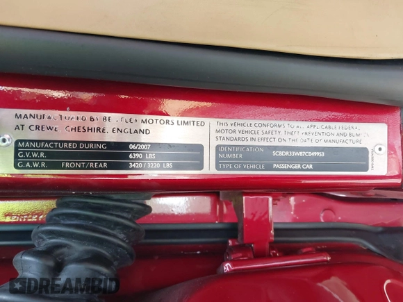 2007 Bentley Continental GT с VIN SCBDR33W87C049953, выставлен на аукционе IAAI как лот 42077307 с пробегом Не указан миль и . История ставок и продаж доступна на DreamBid. Изображение 9.