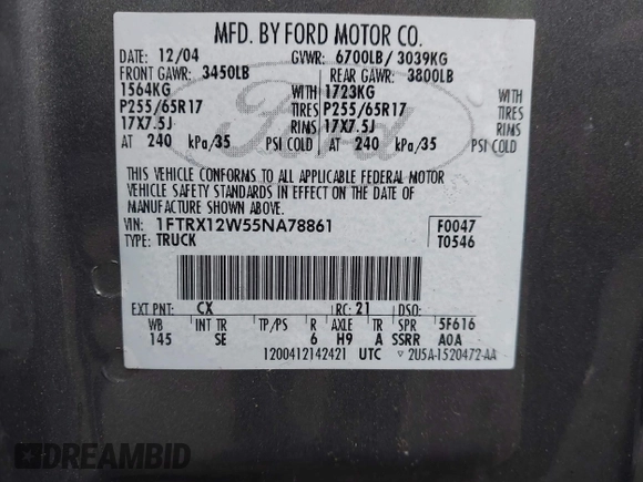 2005 Ford F-150 STX with VIN 1FTRX12W55NA78861, listed as a IAAI auction lot 42382239 with 227,874 mi miles and . Bid and sale history available at DreamBid. Image 9.