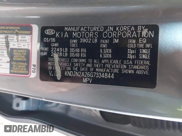 2016 Kia Soul with VIN KNDJN2A26G7334844, listed as a IAAI auction lot 41868740 with 184,985 mi miles and . Bid and sale history available at DreamBid. Image 9.