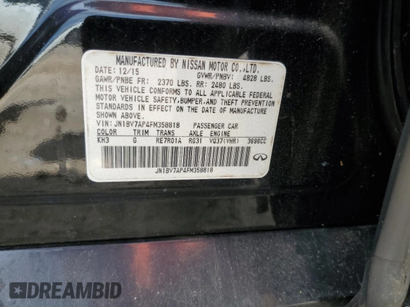 2015 Infiniti Q50 with VIN JN1BV7AP4FM358818, listed as a Copart auction lot 59081465 with 133,503 mi miles and Salvage title. Bid and sale history available at DreamBid. Image 13.