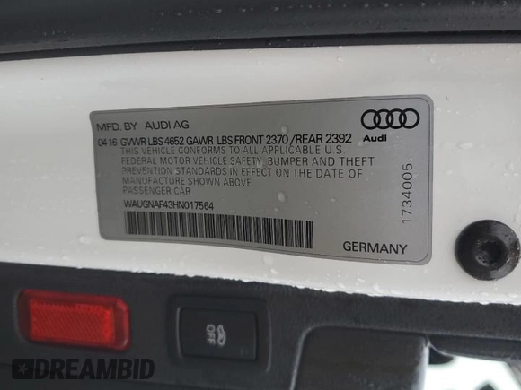 2017 Audi A4 Premium with VIN WAUGNAF43HN017564, listed as a Copart auction lot 45429745 with 64,949 mi miles and Salvage Title. Bid and sale history available at carsss.com. Image 14.