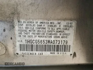 1998 Honda Accord EX z VIN 1HGCG5653WA073179, wystawiony jako Copart lot #57688325 z przebiegiem Nie podano mil oraz Szkoda całkowita • Salvage title. Historia ofert i sprzedaży dostępna na DreamBid. Obrazek 12.
