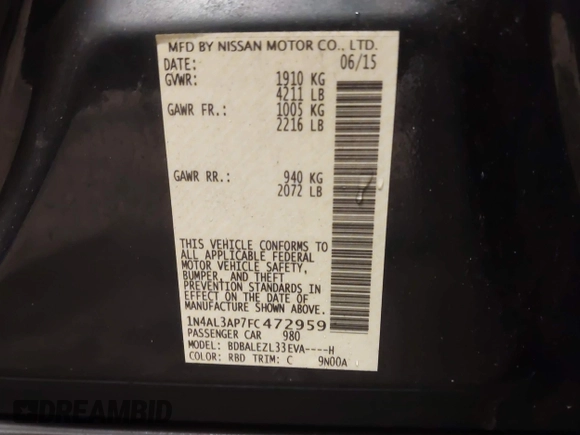 2015 Nissan Altima S with VIN 1N4AL3AP7FC472959, listed as a IAAI auction lot 41453908 with 28,258 mi miles and . Bid and sale history available at DreamBid. Image 9.
