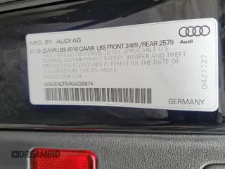 2019 Audi A5 Sportback Premium Plus with VIN WAUENCF54KA028874, listed as a Copart auction lot 48517763 with 53,105 mi miles. Bid and sale history available at carsss.com. Image 12.