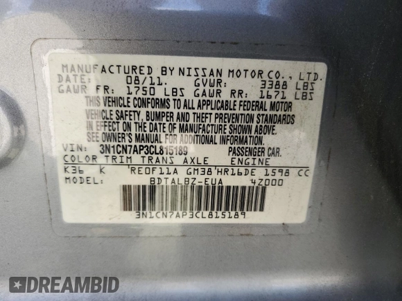 2012 Nissan Versa SV z VIN 3N1CN7AP3CL815189, wystawiony jako Copart lot #61076825 z przebiegiem 192 574 mil mil oraz Szkoda całkowita • Salvage title. Historia ofert i sprzedaży dostępna na DreamBid. Obrazek 12.