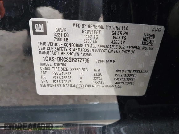 2016 GMC Yukon SLT with VIN 1GKS1BKC3GR272738, listed as a IAAI auction lot 41712439 with 169,726 mi miles. Bid and sale history available at carsss.com. Image 9.