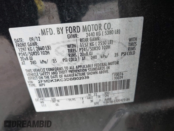 2013 Ford Edge Limited with VIN 2FMDK3KC3DBB02039, listed as a IAAI auction lot 41903541 with 102,997 mi miles. Bid and sale history available at carsss.com. Image 9.