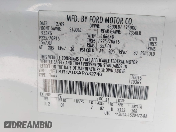2010 Ford Ranger XL with VIN 1FTKR1AD3APA32746, listed as a IAAI auction lot 41775632 with 201,478 mi miles and . Bid and sale history available at DreamBid. Image 9.