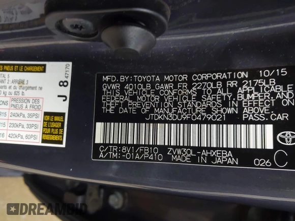 2015 Toyota Prius Four with VIN JTDKN3DU9F0479021, listed as a IAAI auction lot 42632754 with 77,400 mi miles and . Bid and sale history available at DreamBid. Image 9.
