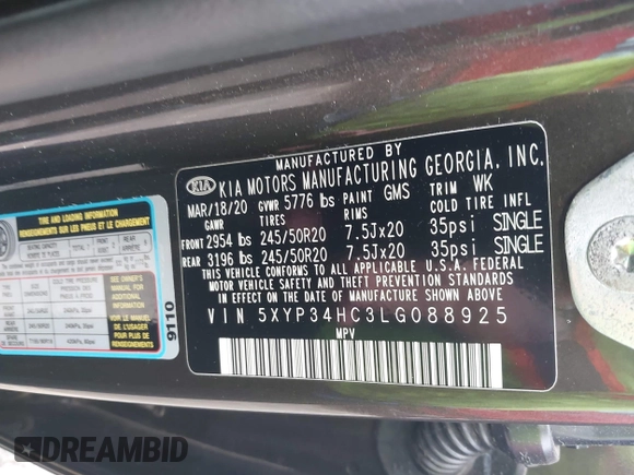 2020 Kia Telluride EX with VIN 5XYP34HC3LG088925, listed as a IAAI auction lot 42399123 with 30,106 mi miles and . Bid and sale history available at DreamBid. Image 9.