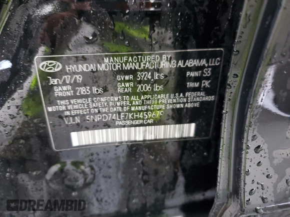 2019 Hyundai Elantra SE with VIN 5NPD74LF7KH459679, listed as a Copart auction lot 49013285 with 106,037 mi miles and Salvage Title. Bid and sale history available at DreamBid. Image 15.