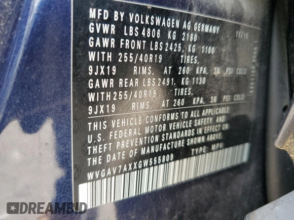2016 Volkswagen Tiguan SEL with VIN WVGAV7AXXGW555809, listed as a Copart auction lot 55177805 with 40,676 mi miles and Salvage Title. Bid and sale history available at DreamBid. Image 12.
