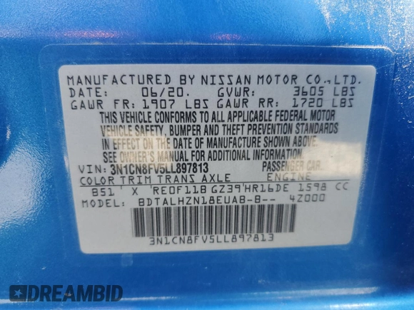 2020 Nissan Versa SR with VIN 3N1CN8FV5LL897813, listed as a Copart auction lot 61057565 with 45,366 mi miles and Salvage title. Bid and sale history available at DreamBid. Image 12.