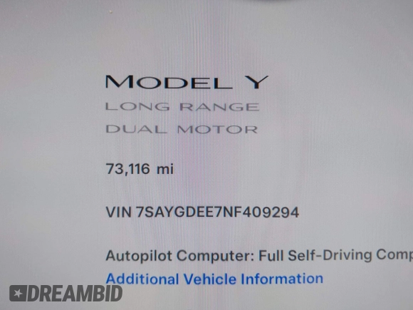 2022 Tesla Model Y Long Range with VIN 7SAYGDEE7NF409294, listed as a IAAI auction lot 41845261 with 73,116 mi miles and . Bid and sale history available at DreamBid. Image 15.