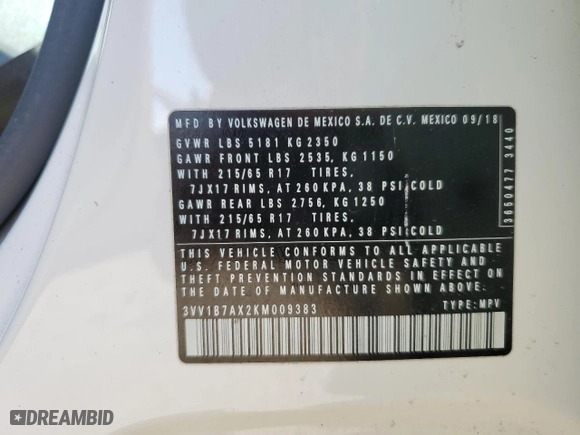 2019 Volkswagen Tiguan S with VIN 3VV1B7AX2KM009383, listed as a Copart auction lot 43583725 with 0 mi miles and Salvage Title. Bid and sale history available at carsss.com. Image 15.