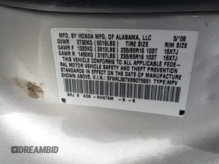 2008 Honda Odyssey EX-L with VIN 5FNRL387X8B075951, listed as a IAAI auction lot 42031880 with 190,233 mi miles. Bid and sale history available at carsss.com. Image 9.