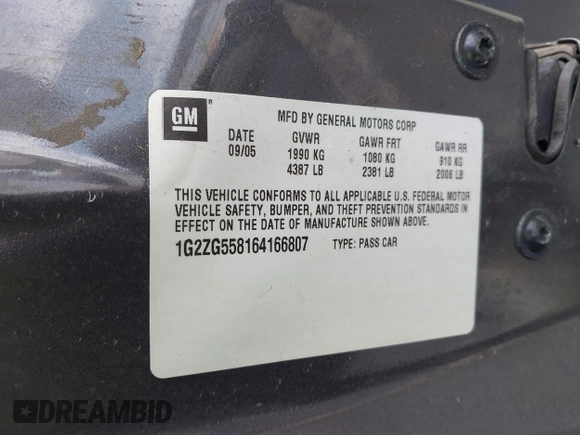 2006 Pontiac G6 6-Cyl with VIN 1G2ZG558164166807, listed as a IAAI auction lot 42107709 with 118,680 mi miles and . Bid and sale history available at DreamBid. Image 9.