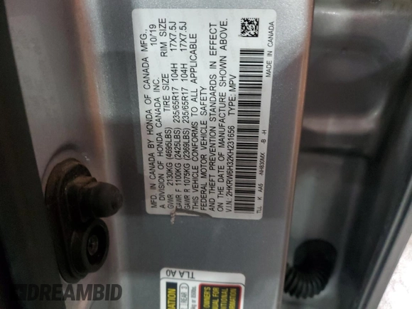 2019 Honda CR-V LX with VIN 2HKRW6H32KH231656, listed as a Copart auction lot 50456375 with 52,030 mi miles and Salvage Title. Bid and sale history available at DreamBid. Image 14.