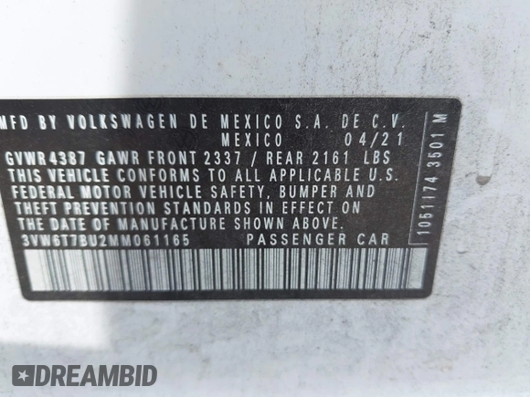 2021 Volkswagen Jetta S z VIN 3VW6T7BU2MM061165, wystawiony jako IAAI lot #42423828 z przebiegiem 41 603 mil mil oraz . Historia ofert i sprzedaży dostępna na DreamBid. Obrazek 9.